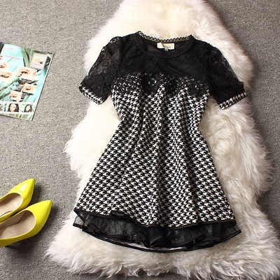 特价10-940391 塑身厂家贴身简洁朝气夏圆领套头短袖千鸟格连衣裙