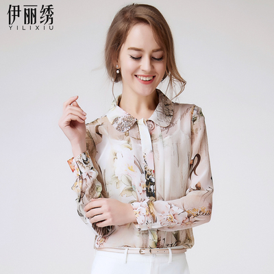 欧美时尚真丝衬衫女长袖桑蚕丝上衣修身印花打