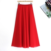夏季高腰雪纺半身裙大码显瘦纯色A字裙仙女沙滩裙大红色大摆长裙