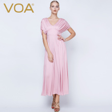 VOA 裸粉双面真丝针织V领肩褶高腰连袖晚礼服名媛熟女连衣裙A5207图片