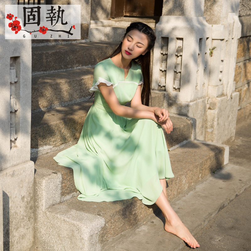 固执 绿荫凉 2015夏季女新款文艺清新荷叶袖雪纺复古连衣裙大摆裙