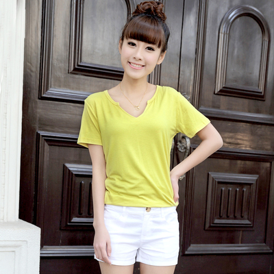 标题优化:夏季韩版2015女装新款短袖T恤 纯色简约莫代尔宽松大码V领显廋t恤