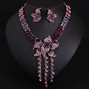 欧美奢华紫水晶宝石短锁骨项链，耳环套装流苏礼服新娘晚宴配饰品