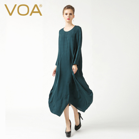 VOA 墨绿22姆米提花真丝椭圆领直筒长袖梨型拼接个性连衣裙Silk商品大图