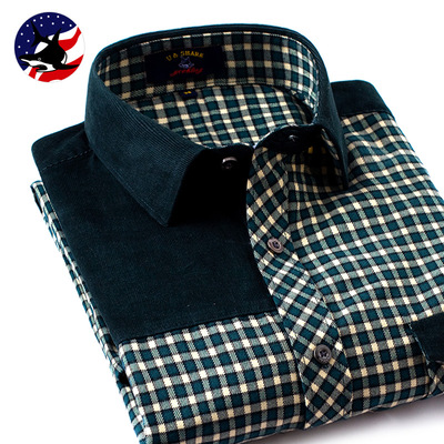 正品优鲨 磨毛时尚拼色格纹长袖衬衫 春秋季男士拼接格子休闲衬衣