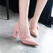 春秋粉色红色绿色女鞋婚鞋尖头粗跟高跟单鞋大码鞋小码鞋 LQW