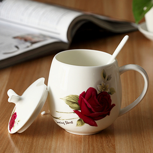 可爱创意杯子情侣骨瓷杯马克杯带盖带勺肚杯水杯陶瓷茶杯定制logo