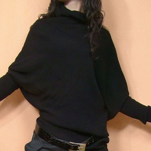春秋韩版宽松显瘦女不规则毛衣针织衫蝙蝠衫堆堆领线衣打底衫外套