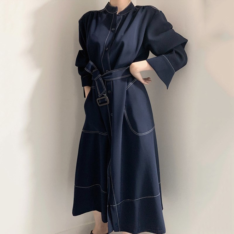 韩国chic极简主义N优雅立领明线单排扣宽松绑带风衣式连衣裙长裙