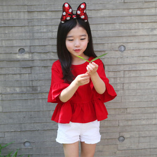 春夏韩版童装大红色喇叭中袖上衣儿童棉T恤一件A186
