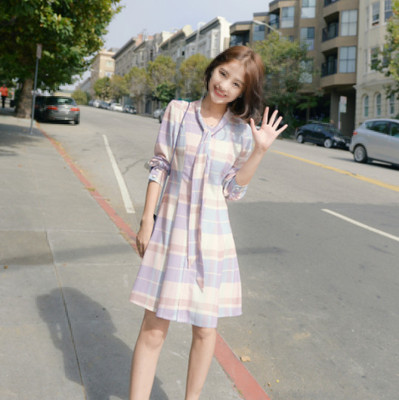 大喜自制 秋季新品 熏衣草格子 原创设计长袖百搭连衣裙