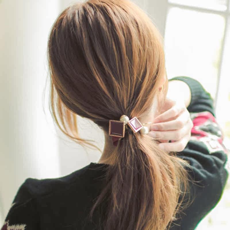 新款布艺人造珍珠发圈水钻方块扎头发发绳饰品皮筋头花蝴蝶结头饰