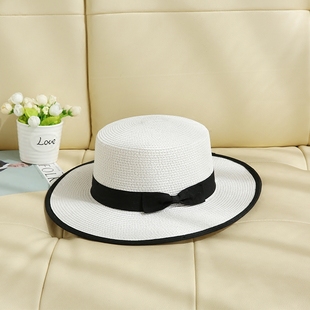 平顶白色草帽女英伦沙滩帽防晒百搭包边礼帽海边旅游度假帽子出游