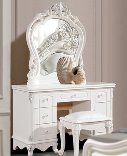 欧式实木化妆台，烤漆卧室田园象牙白色，小户型写字梳妆台送凳子