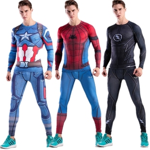 复仇者蜘蛛侠美队超人运动健身紧身衣男弹力篮球，足球长袖长裤套装