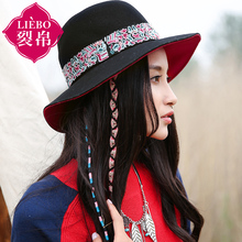 裂帛特价2015秋冬新款刺绣红黑撞色帽子一体成型羊毛呢帽子女图片