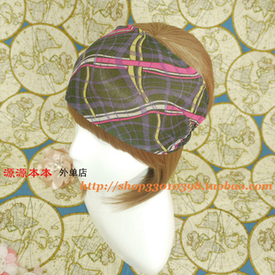出口欧美日韩外贸原单 绿紫橙黑咖色格子雪纺 超宽边头巾头带发带