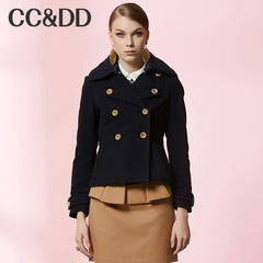 CCDD2014冬装专柜正品新款女装肩章双排扣短外套深色羊毛呢大衣
