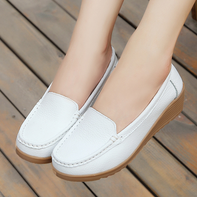 春季豆豆孕妇鞋防滑中跟妈妈鞋真皮女鞋护士鞋坡跟单鞋休闲小白鞋