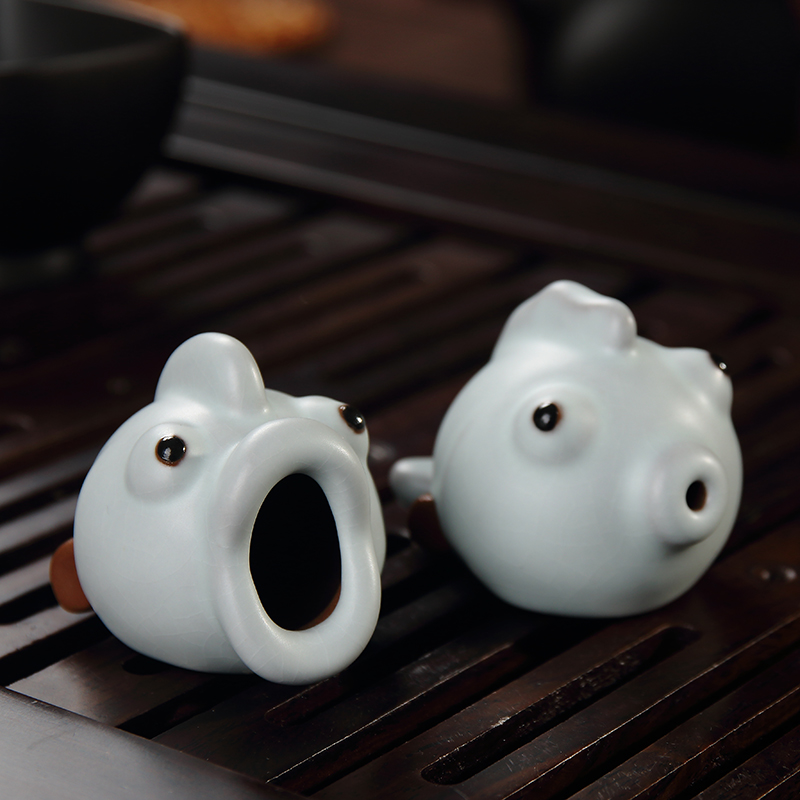 晓鸣 茶宠摆件 汝窑开片茶宠 茶具周边茶盘摆件年年有余 一对优惠
