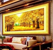 纯手工十字绣成品满地黄金，客厅办公室风水，大幅风景挂画