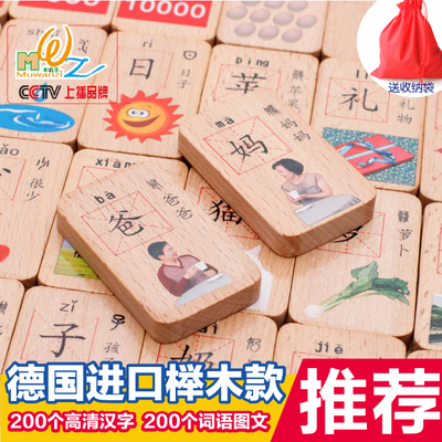 木丸子儿童益智力积木玩具1-2-3-6周岁榉木制汉字认知多米诺骨牌