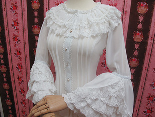 原创设计LOLITA洋装姬袖复古公主风长袖衬衫修身蕾丝雪纺衫