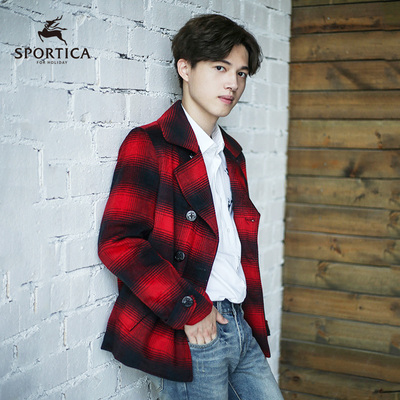 波帝卡2016秋装新款男士红色格子短款毛呢大