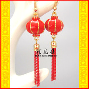 大红灯笼新娘耳环中式结婚红色喜字耳饰品 中国风古装无耳洞夹式
