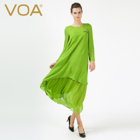 VOA草绿提花真丝圆领拉链长袖两件套不拆分A版及踝连衣裙A6385商品大图