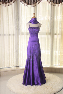 d042紫色鱼尾漏背晚礼服裙，宴会钉珠长款新娘，结婚敬酒服绸缎1