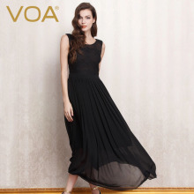 VOA 纯色真丝乔其圆领无袖蕾丝中腰百褶大摆长款透视连衣裙图片