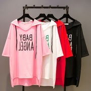 夏季韩版宽松大码字母刺绣，t恤女短袖蝙蝠衫，中长款连帽体恤裙