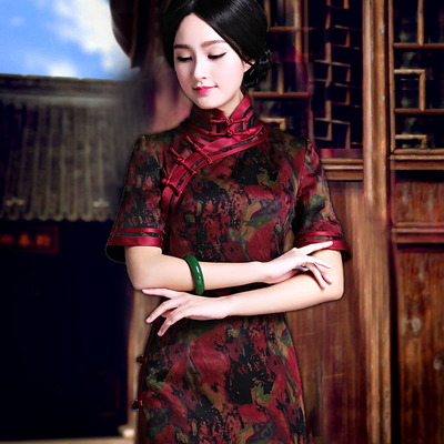 2015新款气质复古中式唐装旗袍古典女士日常真丝香云纱中长款旗袍