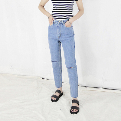 自制款 欧美复古高腰无弹膝盖破洞牛仔裤女 裤