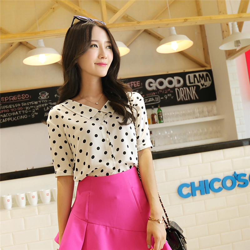 RLL原创2014韩国代购新款夏装优雅V领短袖衬衫黑白波点雪纺衬衫女
