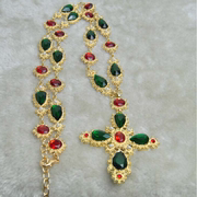 巴洛克绿宝石十字架满钻彩色宝石，项链欧美气质高级叠戴锁骨毛衣链