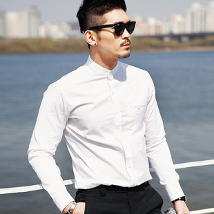 韩国男装 春秋潮时尚韩版纯色百搭气质男士立领长袖衬衫