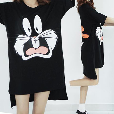 标题优化:2015夏黑色短袖T恤女韩国宽松长款纯棉卡通印花t体恤裙潮学生兔子