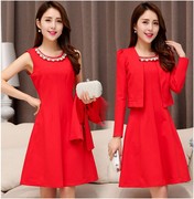 红色敬酒服秋冬短款两件套韩版显瘦连衣裙套装大码孕妇回门晚礼服
