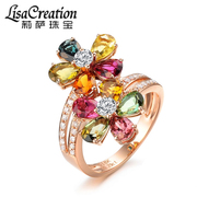 莉萨珠宝18k金镶嵌(金镶嵌)红色绿色天然彩色，碧玺钻石戒指宝石钻戒女戒