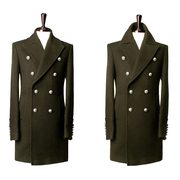 韩国男装2023冬款时尚军绿色绅士修身双排扣立领大衣外套上衣