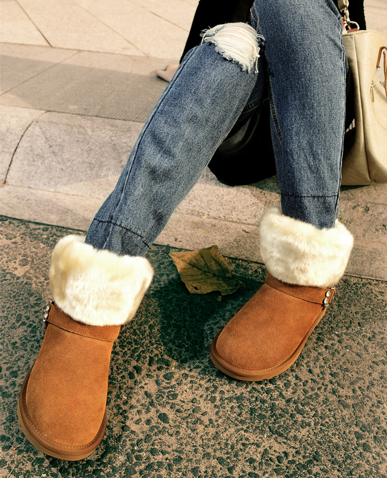 雪地靴女短靴真皮防水2015冬靴中筒加绒保暖
