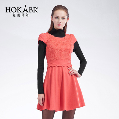 红凯贝尔2015秋冬装新款女装甜美拼接短袖大摆裙修身毛呢连衣裙女