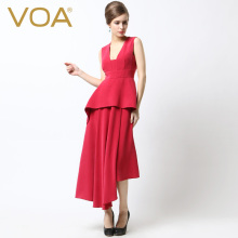 VOA大红重磅真丝连衣裙 多片修身方领桑蚕丝礼服端庄长裙女A5325图片