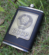 户外俄罗斯8盎司不锈钢随身高档酒壶PU皮贴片可制订送礼复古收藏