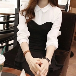 标题优化:2015春装新款韩版黑白拼接连衣裙气质七分袖假两件套鱼尾连衣裙女
