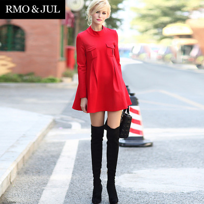 【罗家精品】2014秋冬女装新款 A字型娃娃款气质立领红色连衣裙