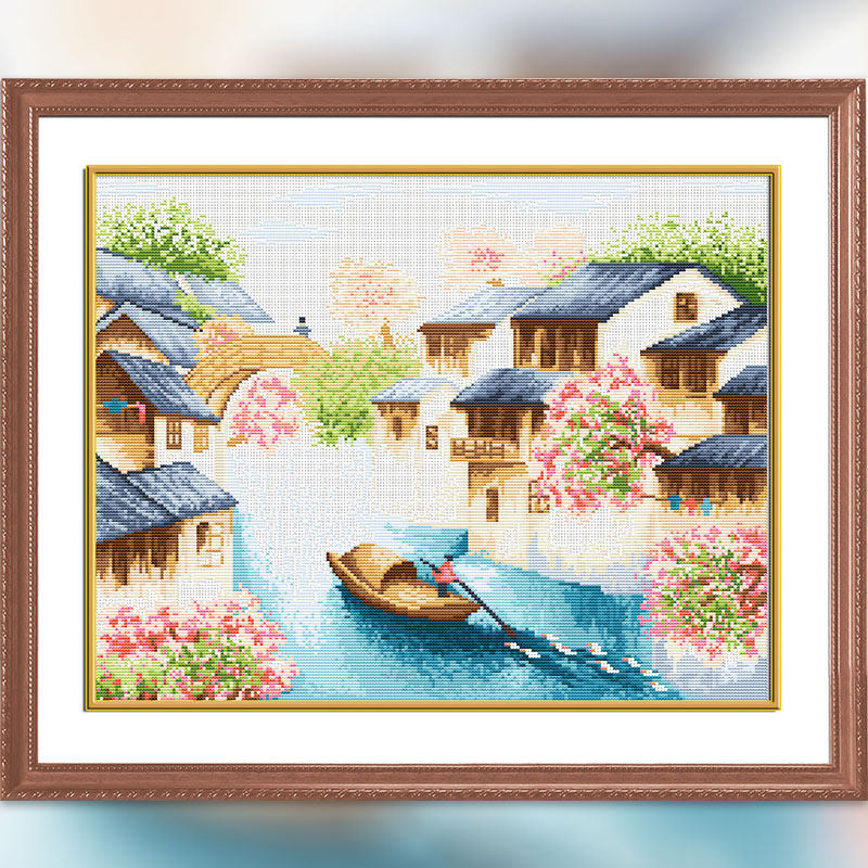 钻石画满钻十字绣客厅新款田园钻石绣砖石画风景江南梦里水乡春色