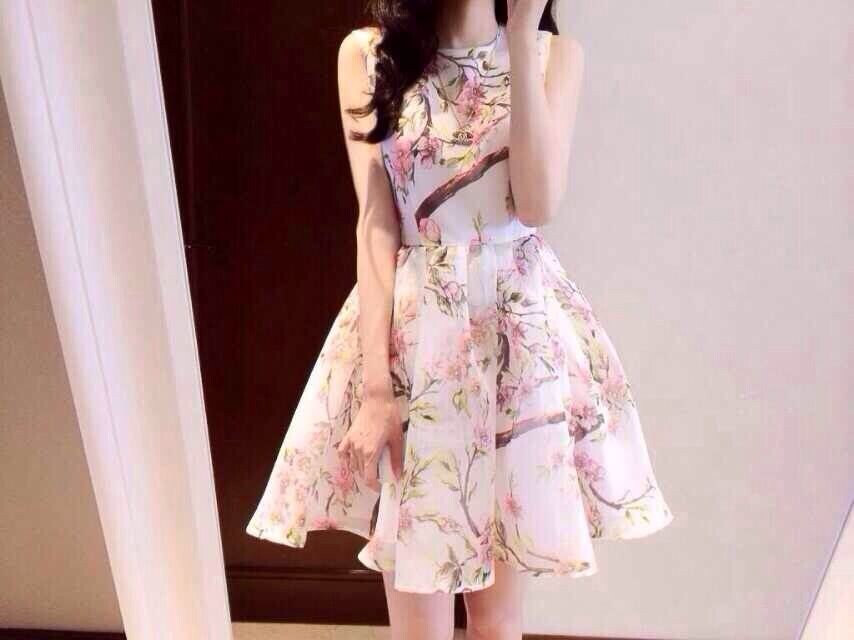 韩国代购2014夏季女装新款印花女连衣裙 时尚修身桃花图案蓬蓬裙